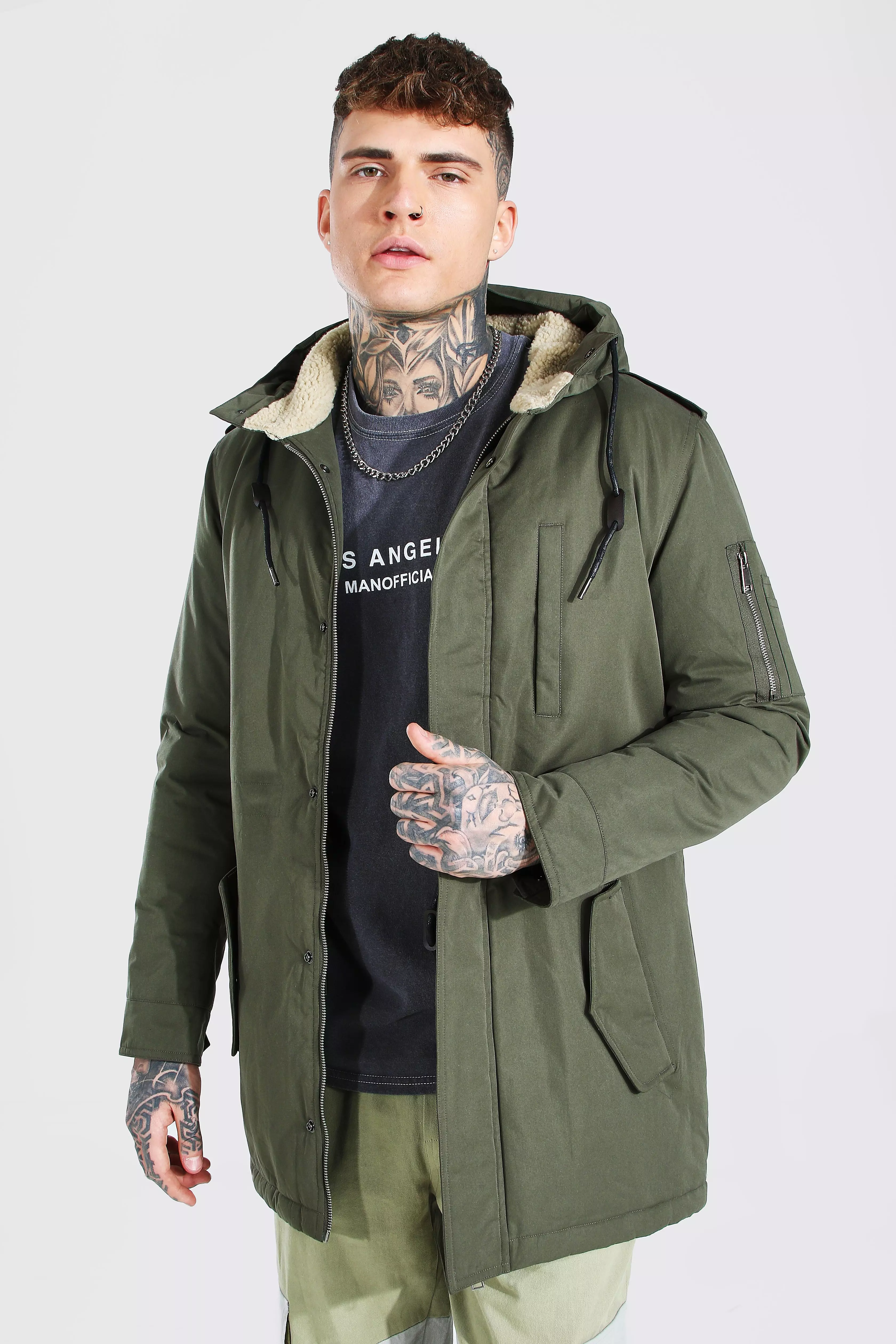 Parka Coat With Borg Lined Hood | boohooMAN USA