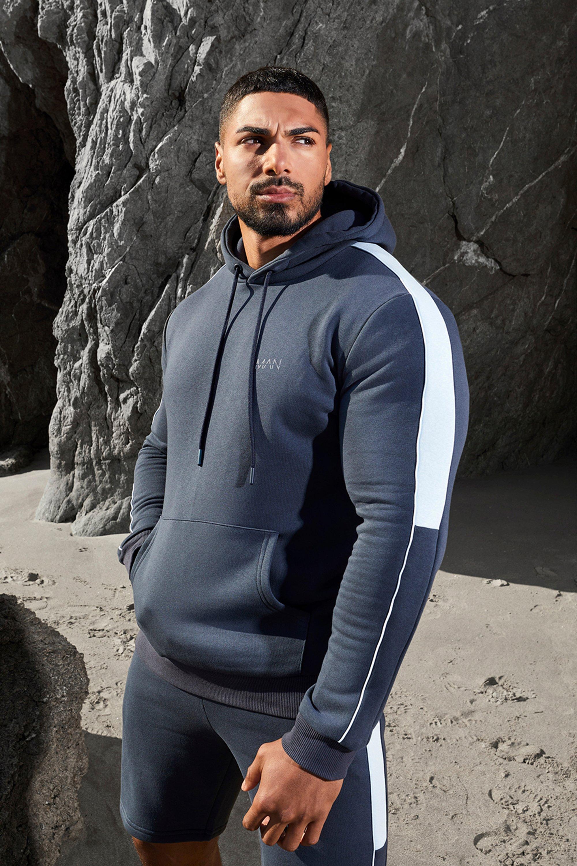 Mens Navy Man Active Side Stripe Hoodie And Short Set, Navy