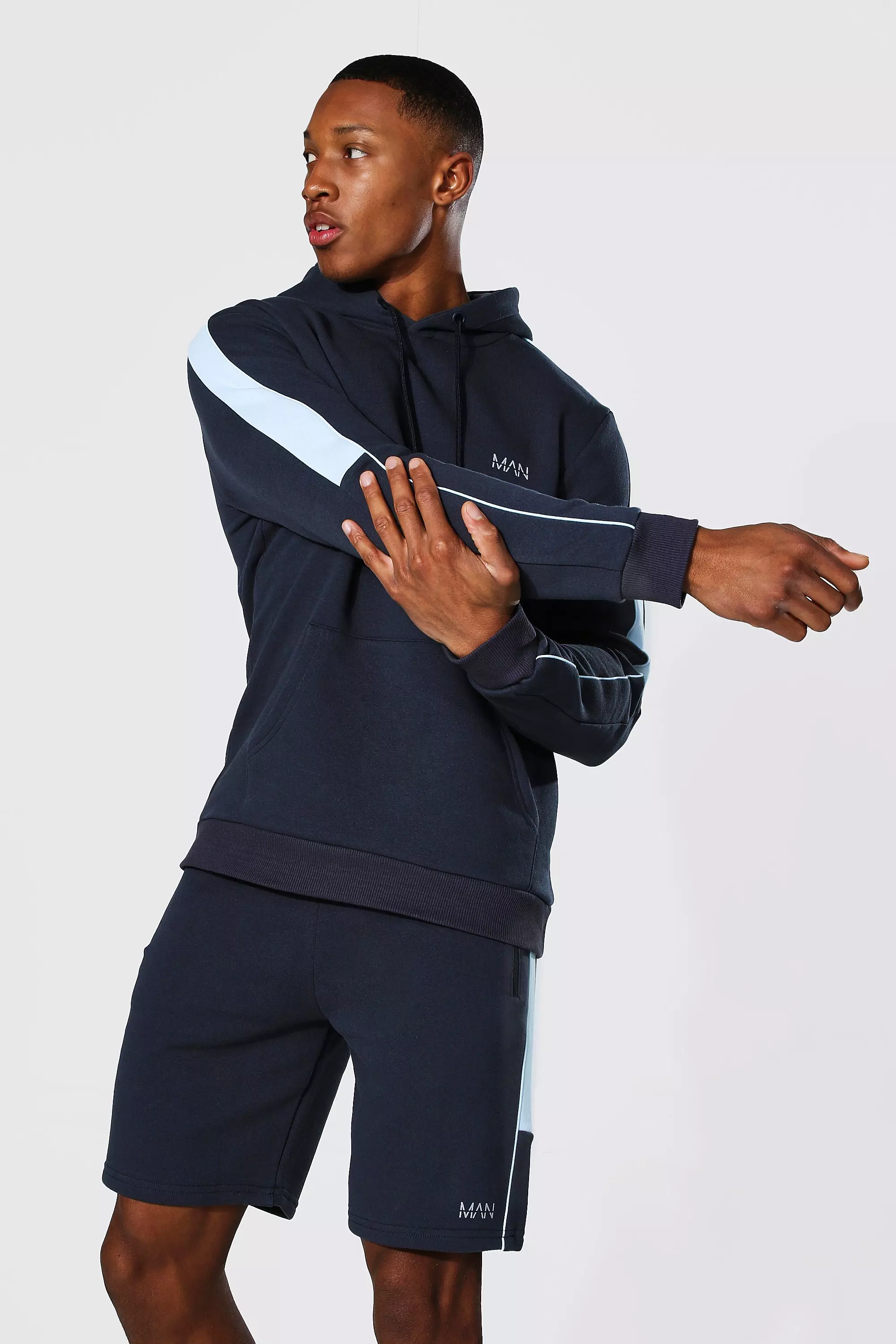 Man Active Side Stripe Hoodie And Short Set