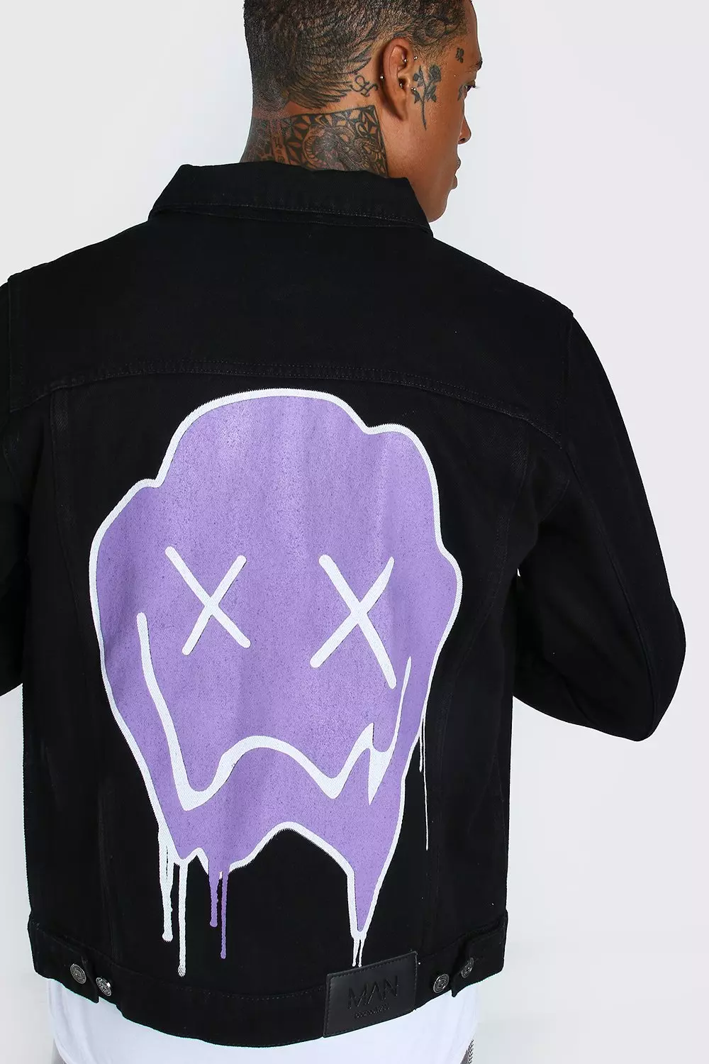 Distressed purple Denim Jacket with patches