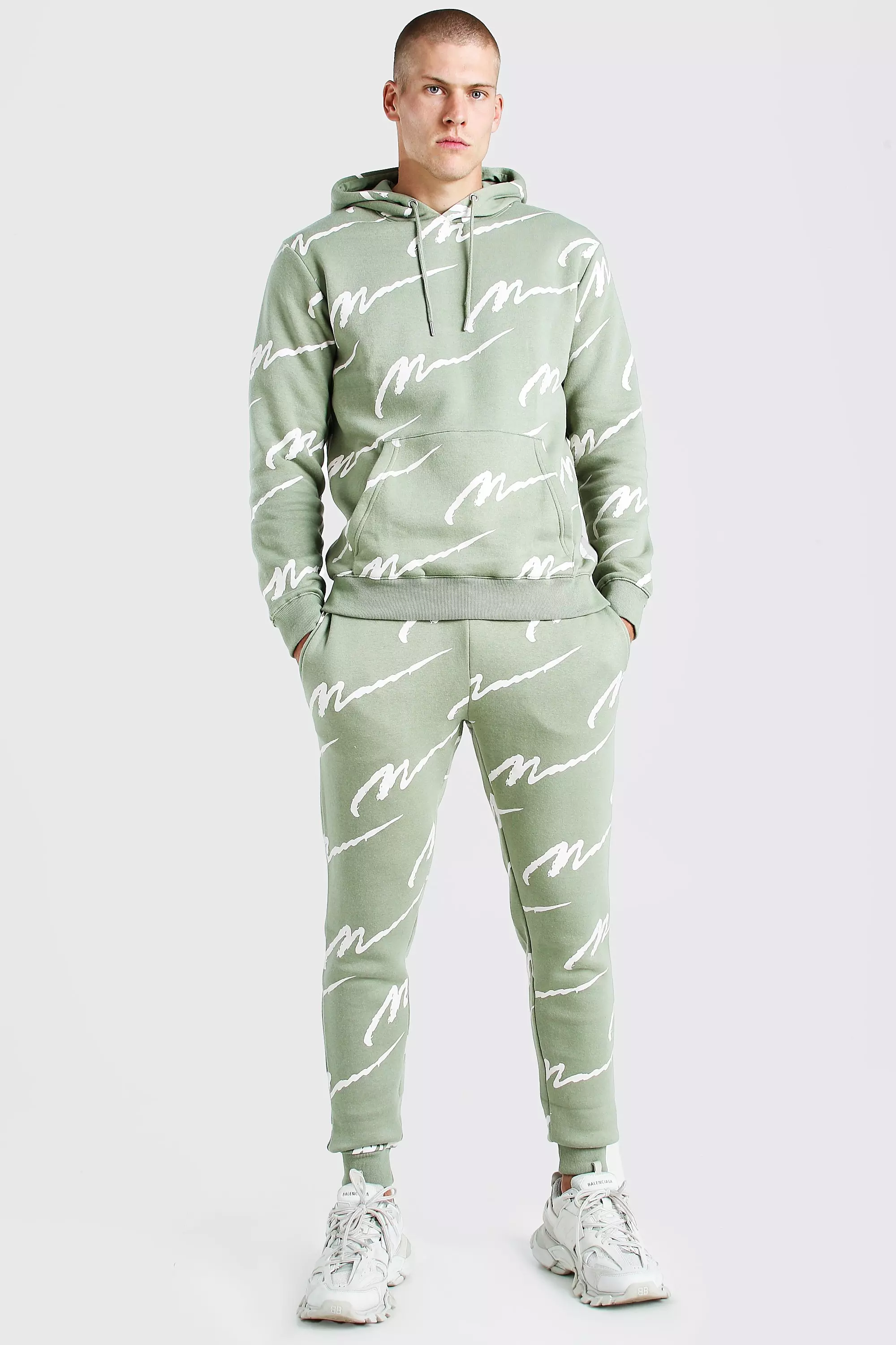 Boohooman all over store print tracksuit