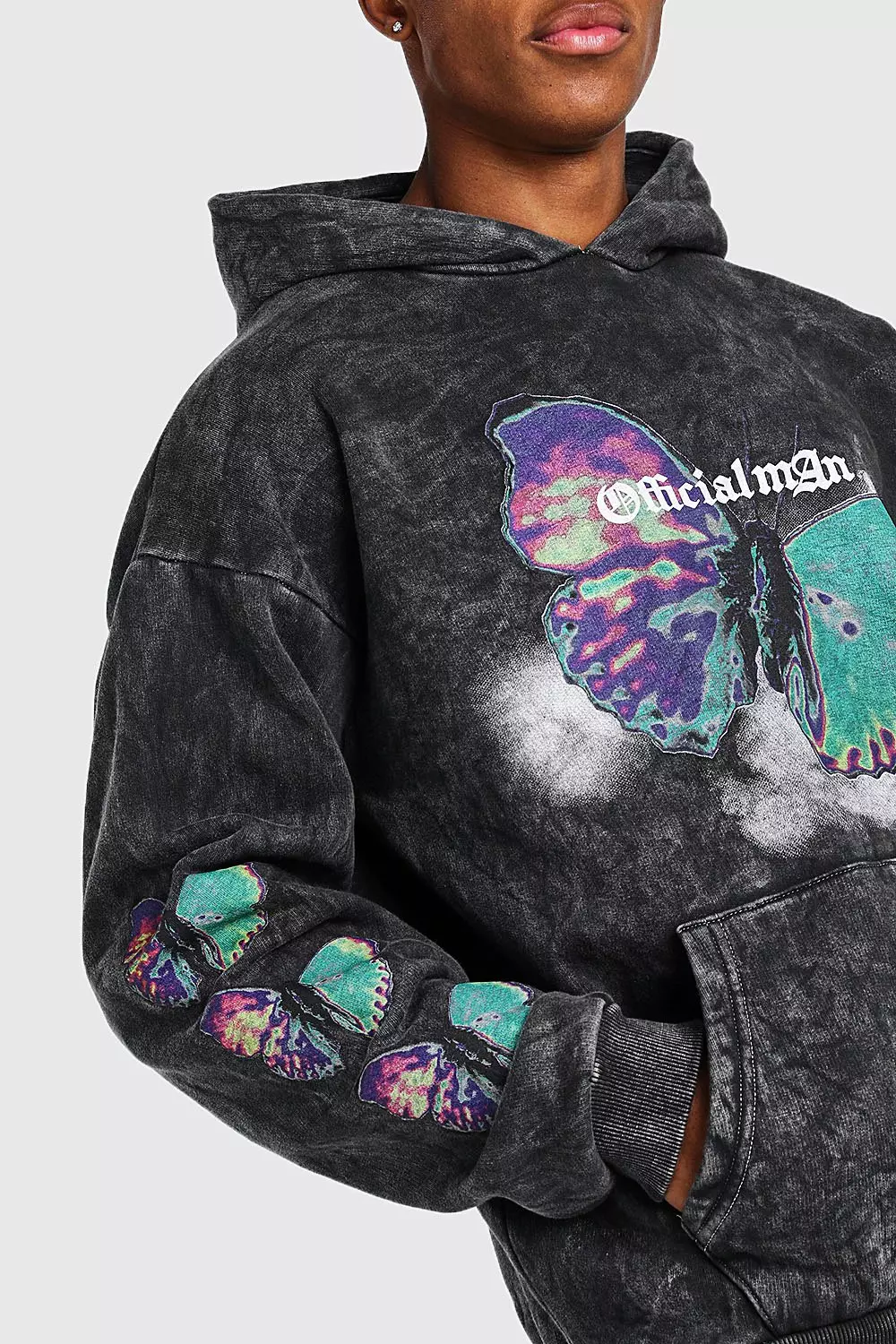 Oversized Butterfly Sleeve Acid Wash Hoodie boohooMAN USA