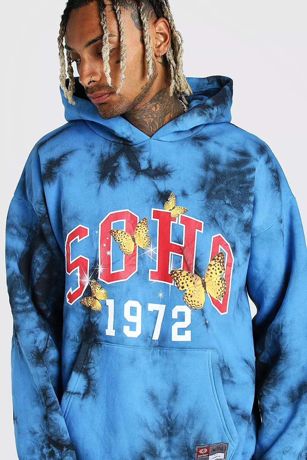 Oversized Butterfly Varsity Print Tie Dye Hoodie boohooMAN UK