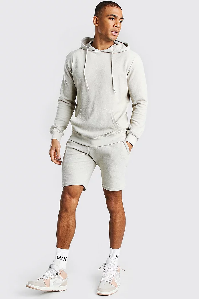 gym and workout clothes Tracksuits and sweat suits Mens Clothing Activewear BoohooMAN Cotton Slim Fit Pique Pintuck Hooded Short Tracksuit for Men 