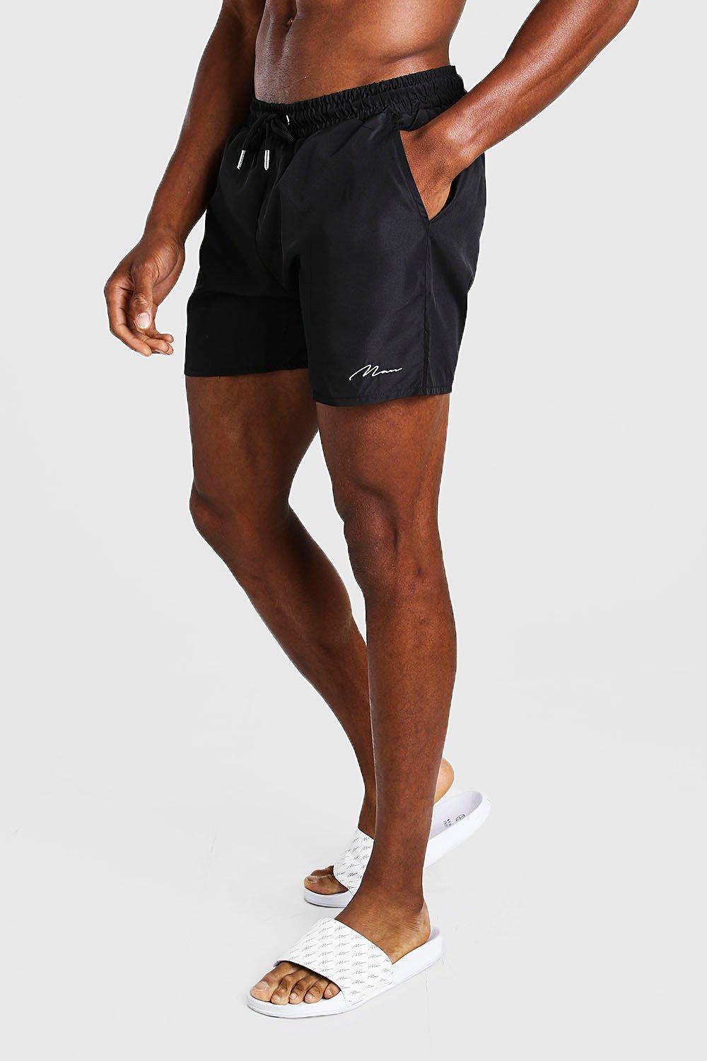 Mens Black MAN Signature Mid Length Swim Short, Black