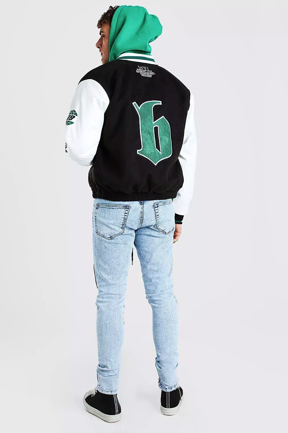 Burna Boy Varsity Bomber Jacket With PU Sleeves boohooMAN UK