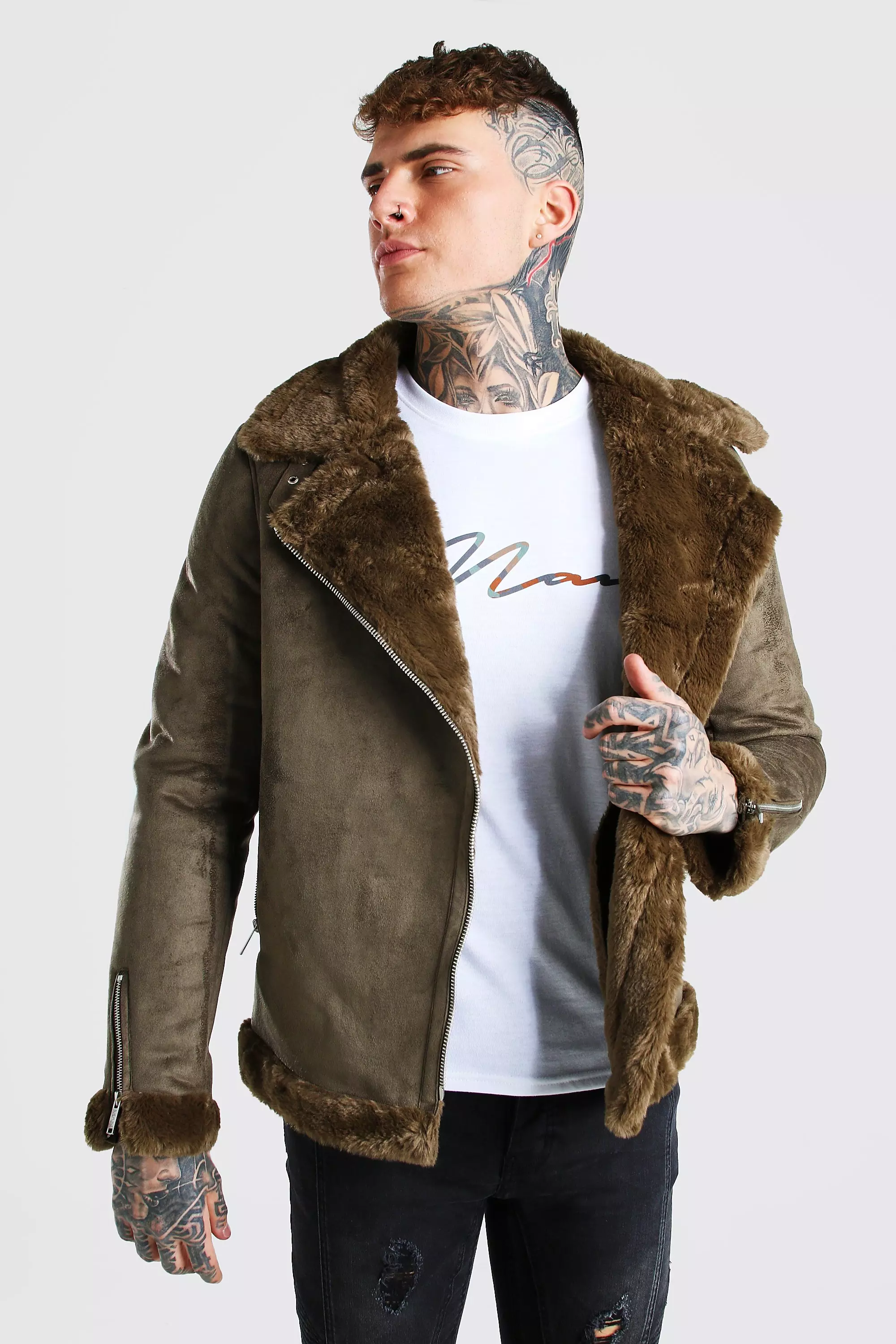 Mens fur lined sales aviator jacket