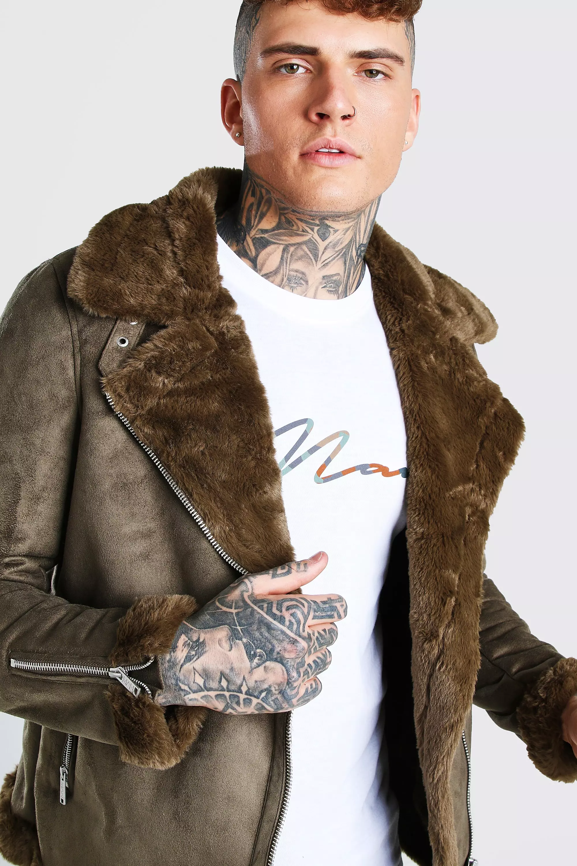 boohooMAN Faux Fur Lined Suede Aviator Jacket - Tan - Size M