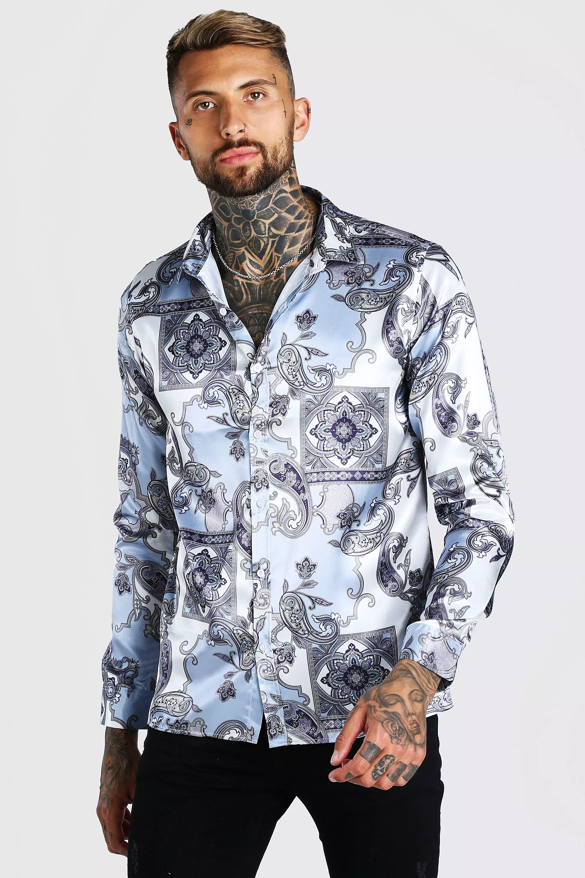 Long Sleeve Satin Paisley Shirt