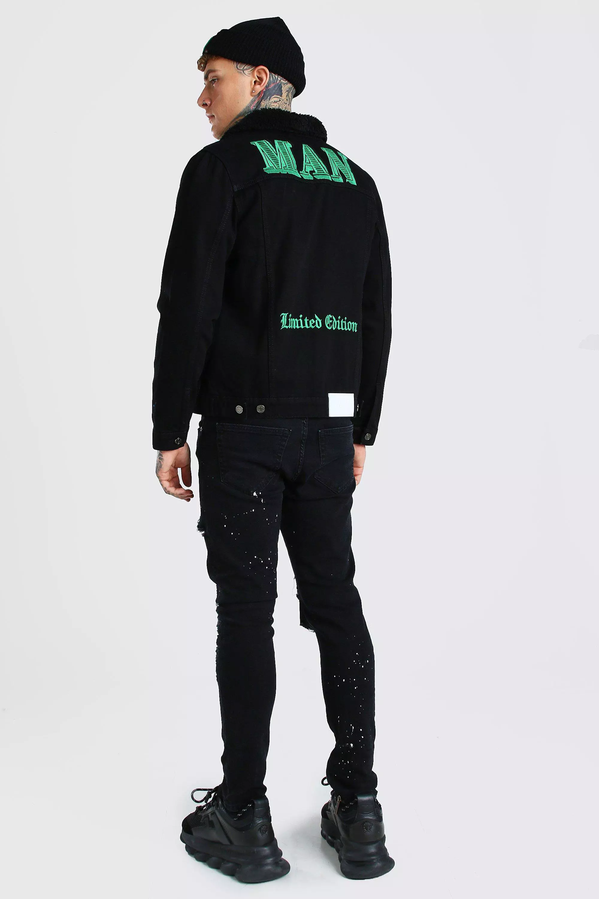 Camo Denim Jacket With Borg Collar | boohooMAN USA