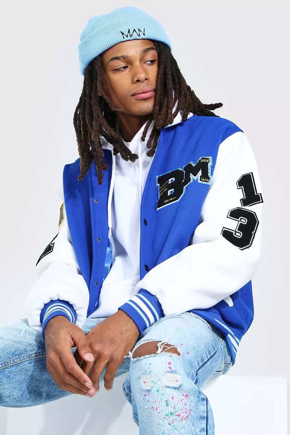 boohooman blue varsity jacket