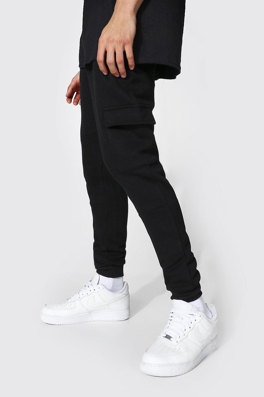 Mens Black Skinny Fit Panelled Cargo Joggers, Black