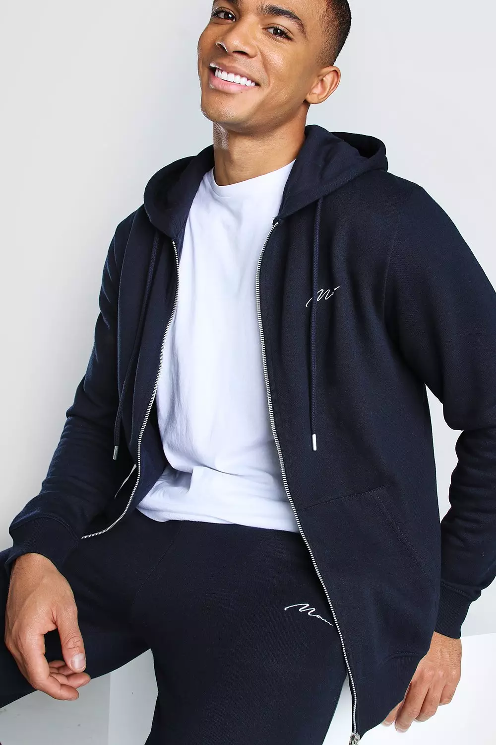 Mens Navy Zip Through Hooded Tracksuit