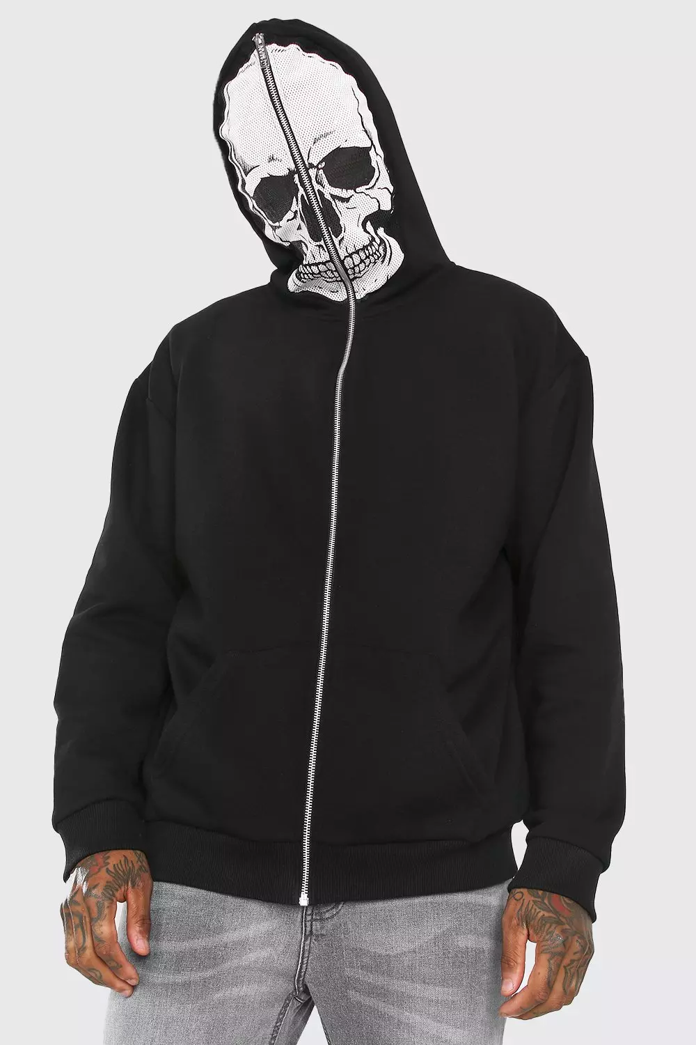 Oversized Skull Zip Through Hoodie With Mesh Face | boohooMAN USA