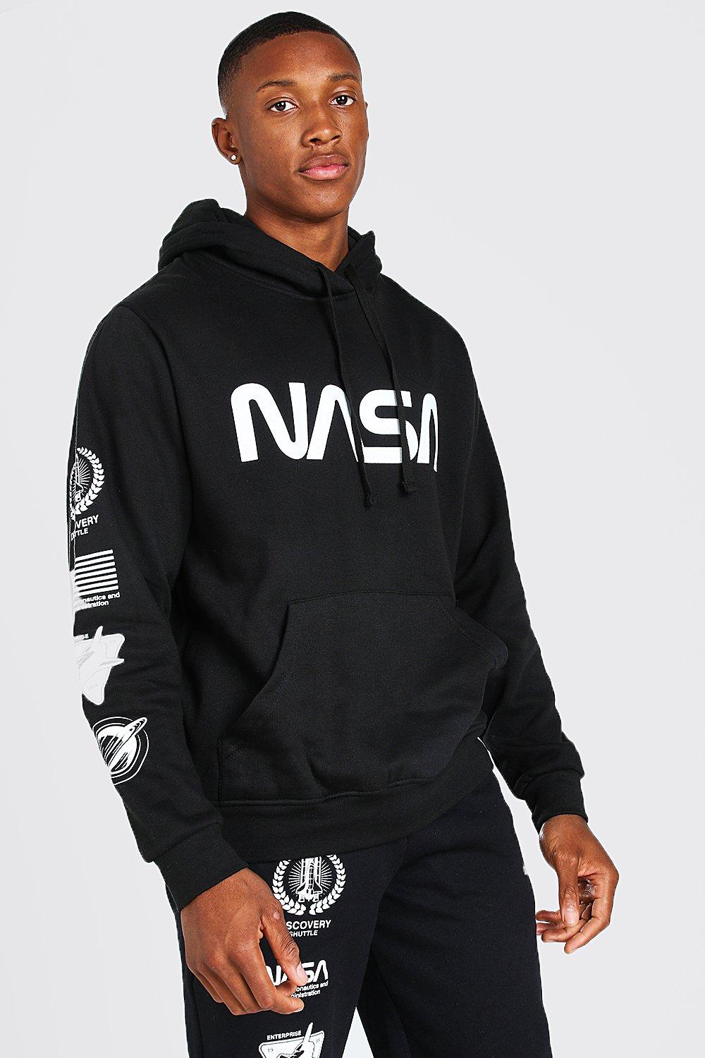 Mens Black Regular Fit NASA Sleeve Print License Hoodie, Black