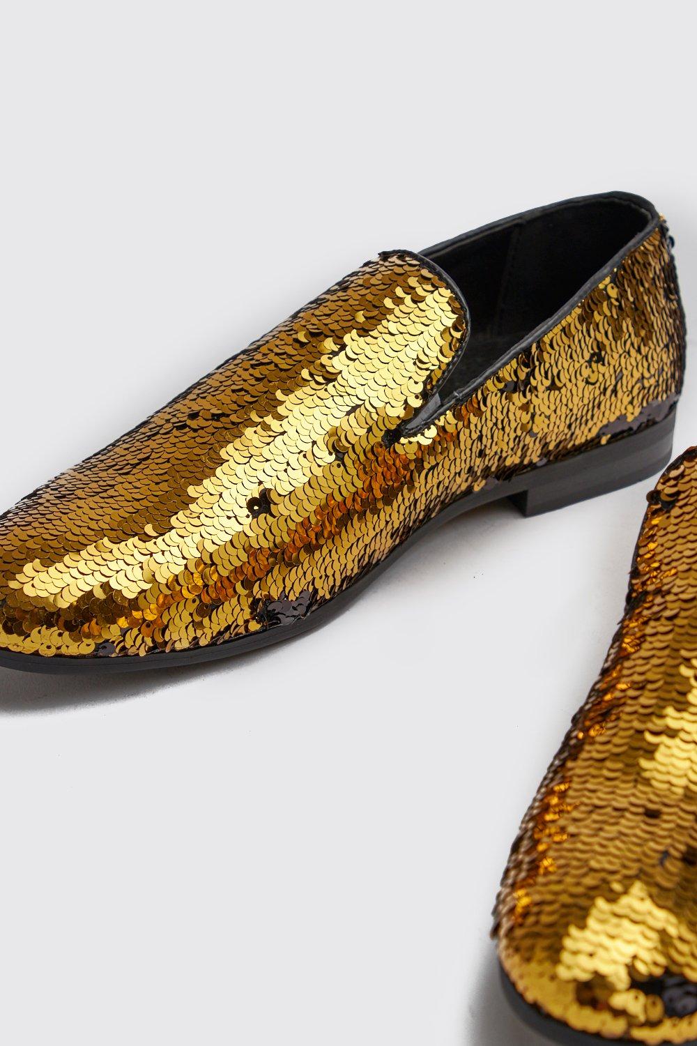 gold sequin loafers