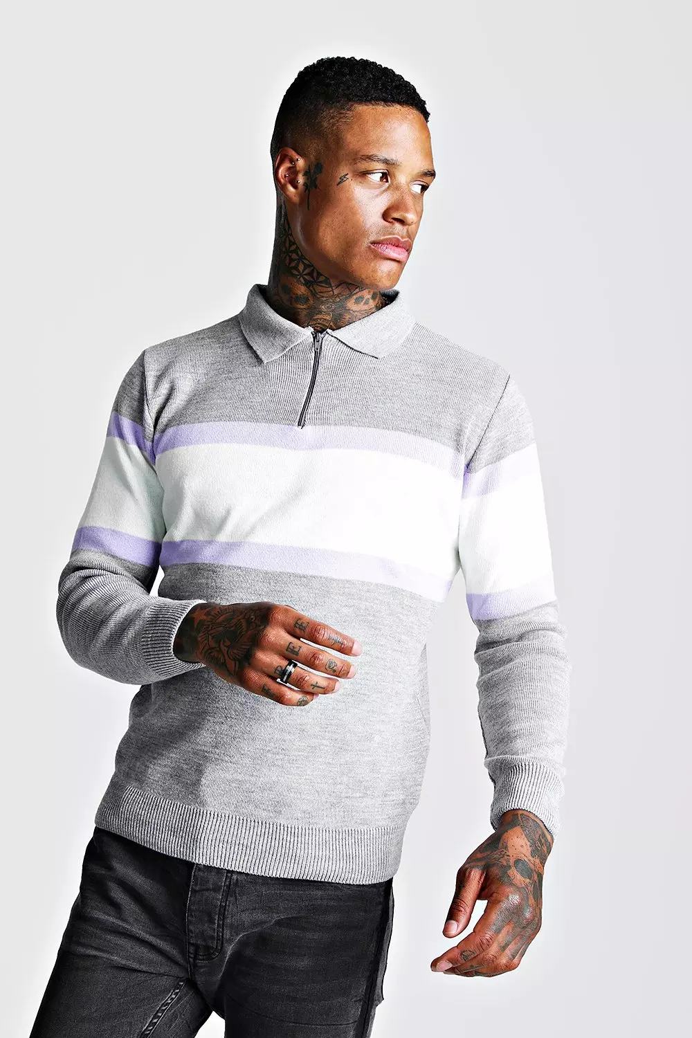 boohooMAN Long Sleeve Muscle Fit Colour Block Knit Polo