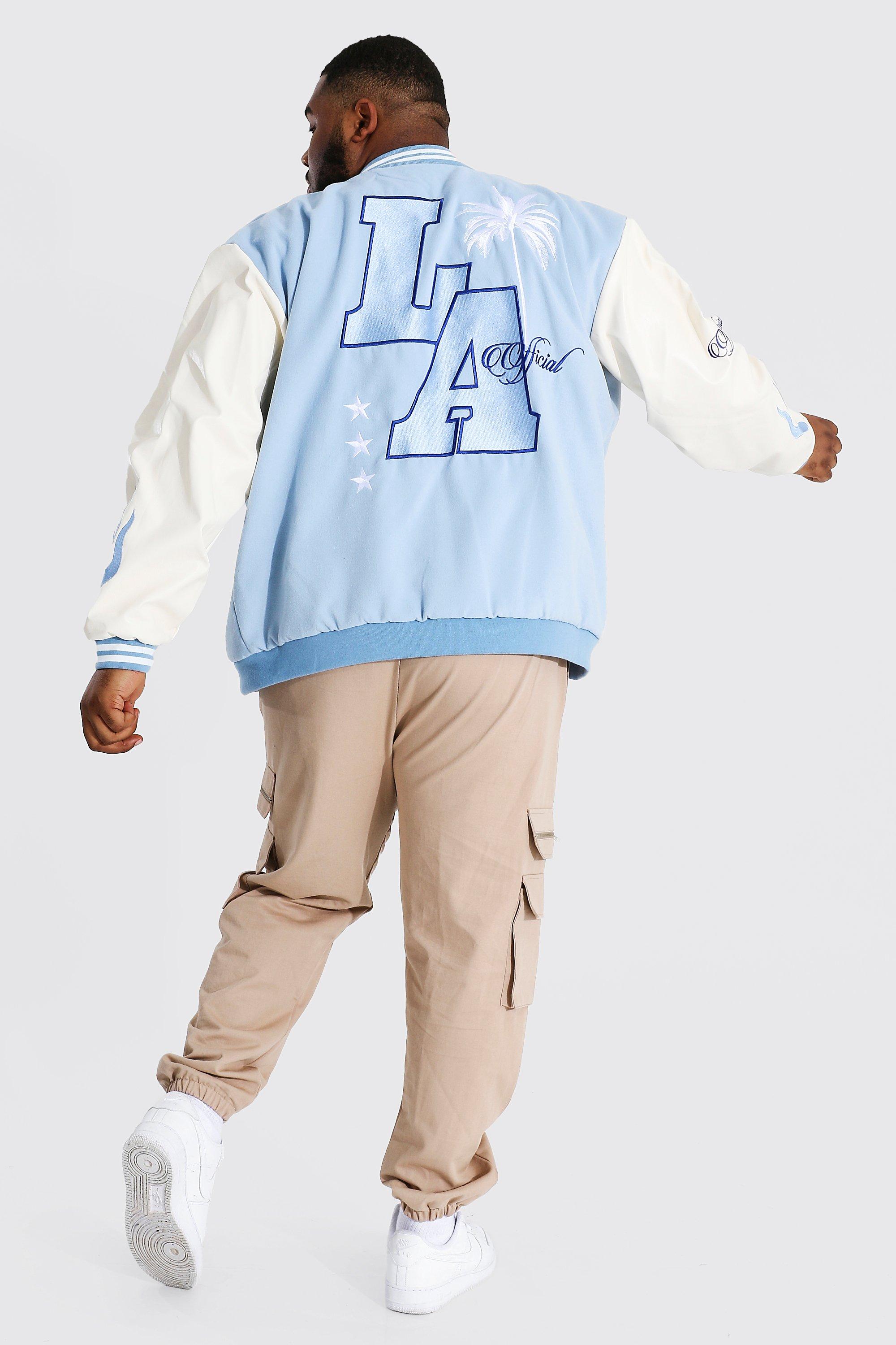 boohooman varsity jacket light blue