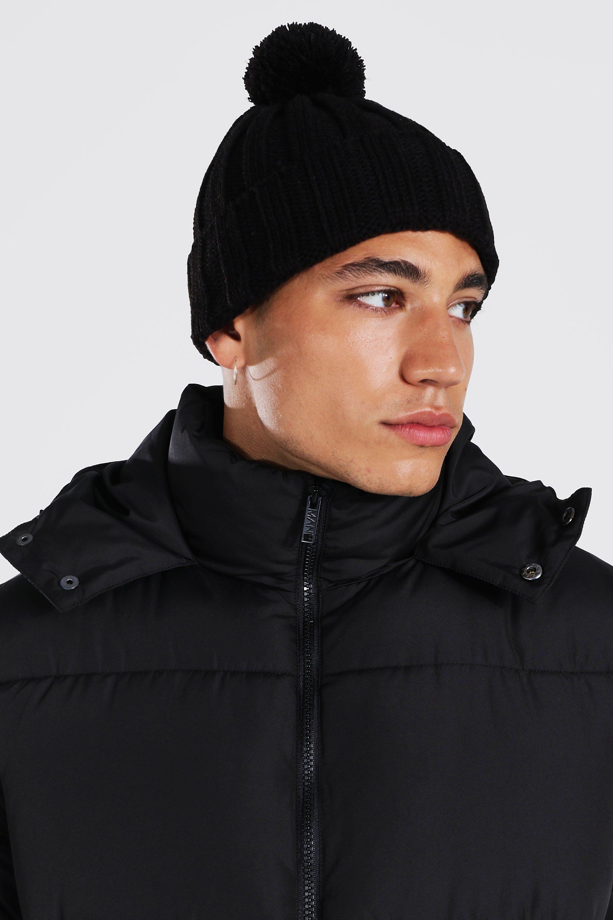 Mens Black Chunky Rib Bobble Beanie, Black