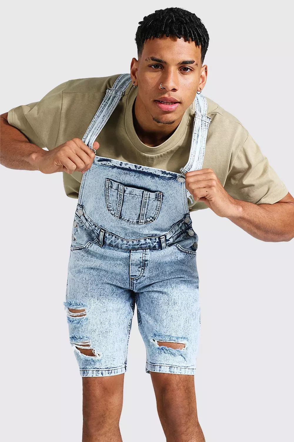 Relaxed Fit Distressed Short Overalls