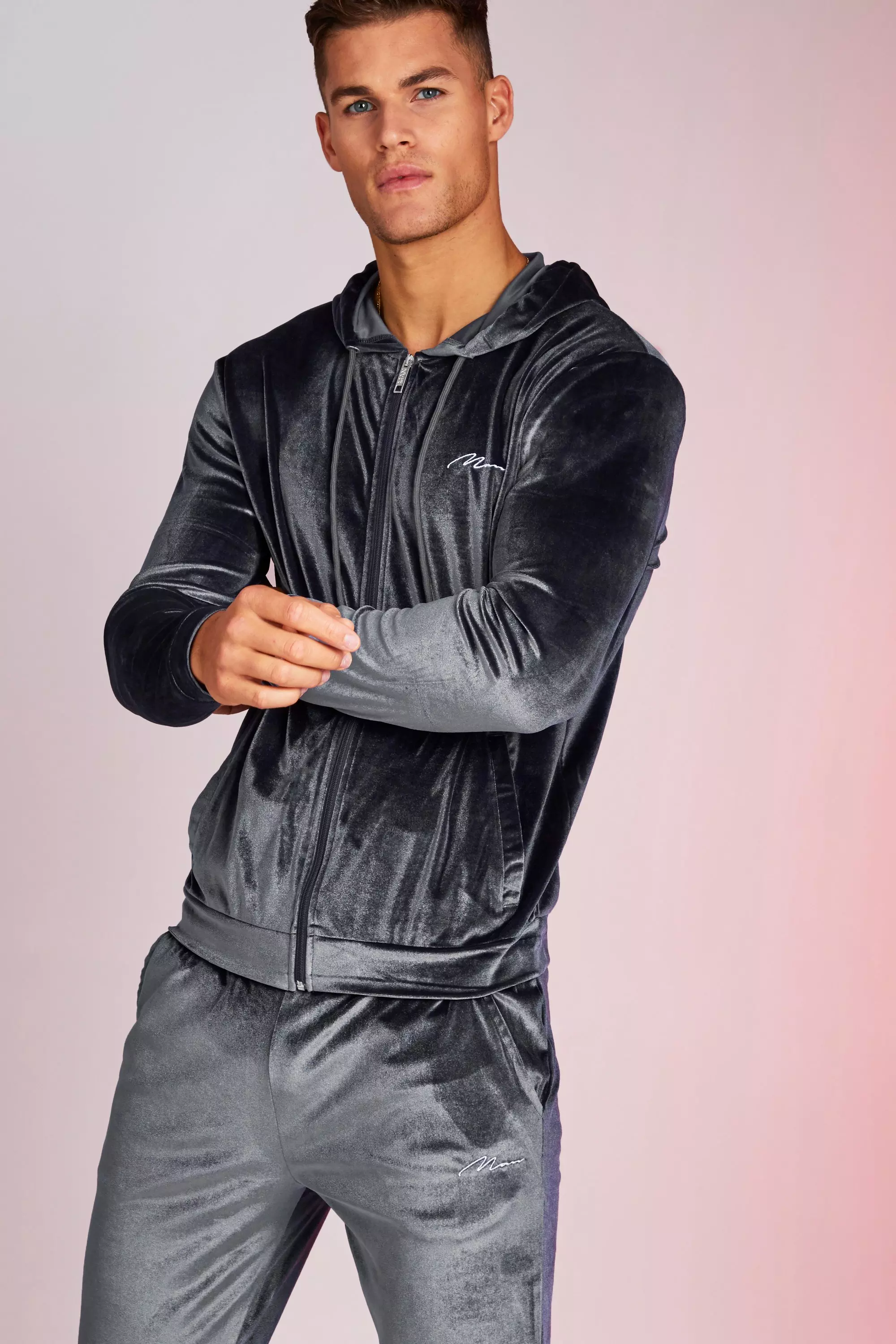 Mens grey hot sale velvet tracksuit