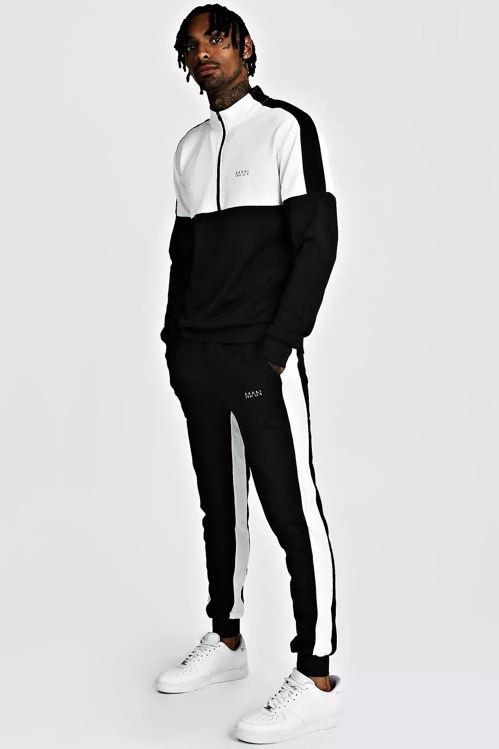 Boohooman black cheap and white tracksuit