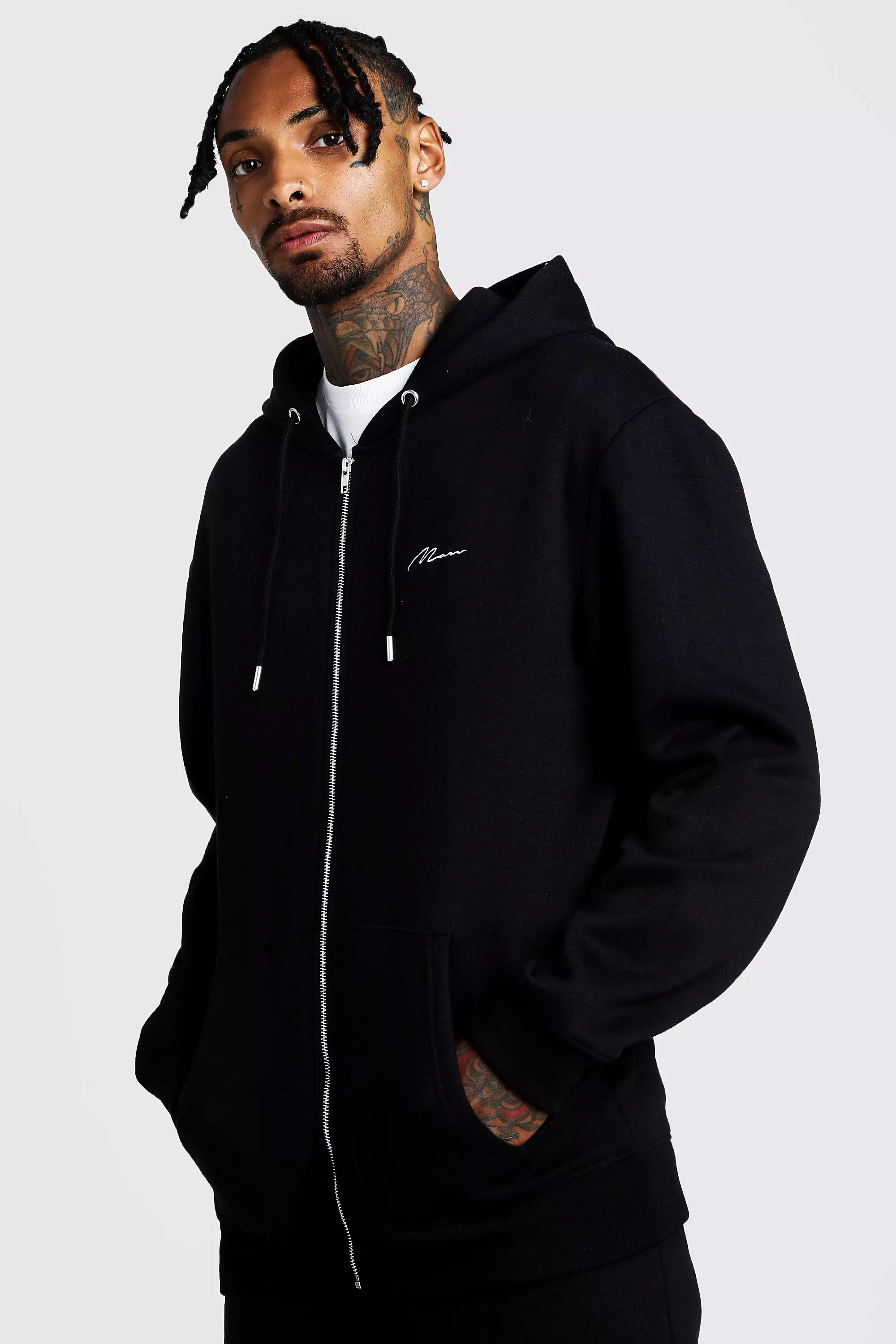 Mens longline zip sales hoodie