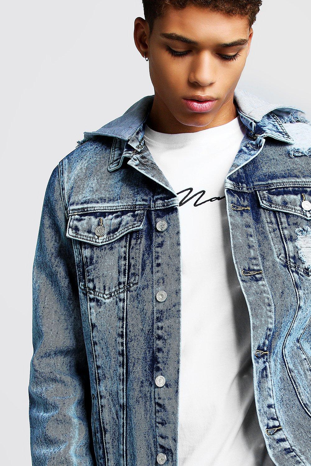 distressed denim jacket with hood