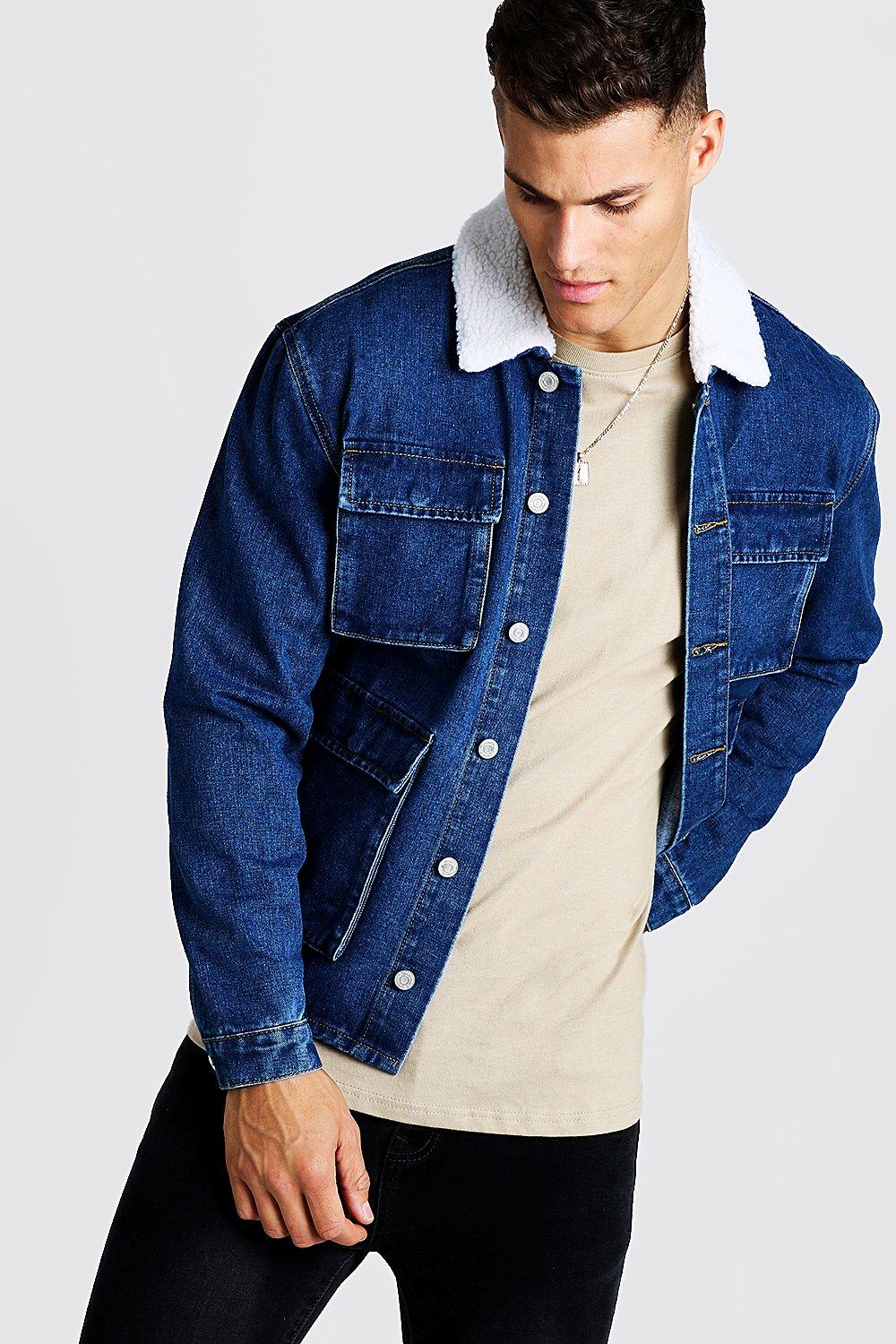 boohooman denim jacket with borg collar