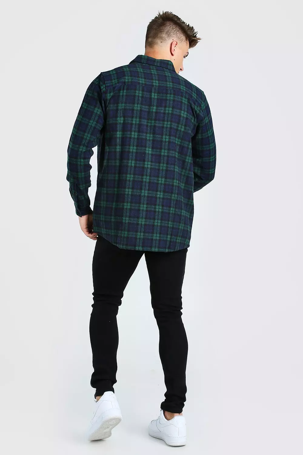 boohooMAN Long Sleeve Longline Flannel Shirt - Green - Size XS