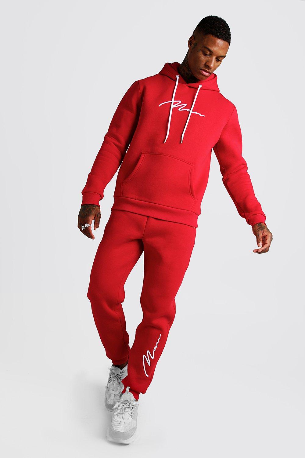 boohooman red joggers