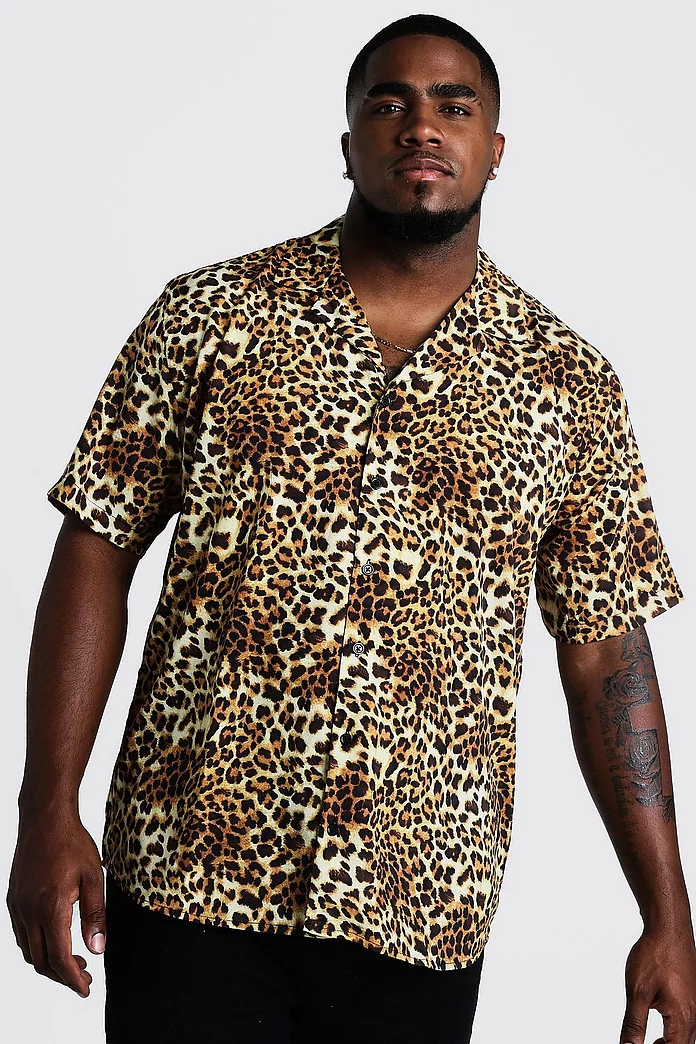 pause admire Caroline Plus Size Leopard Print Revere Collar Shirt | boohooMAN USA