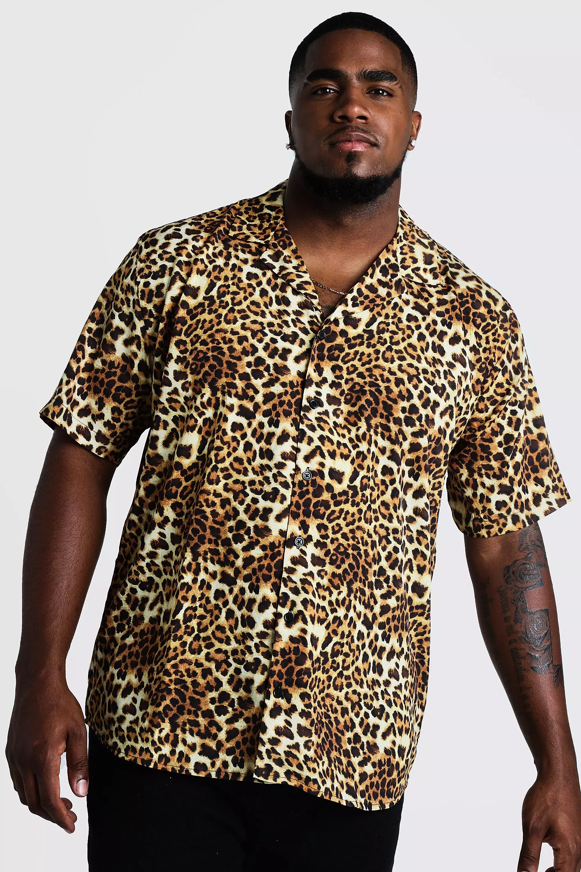 Plus Size Leopard Print Revere Collar Shirt | boohooMAN USA