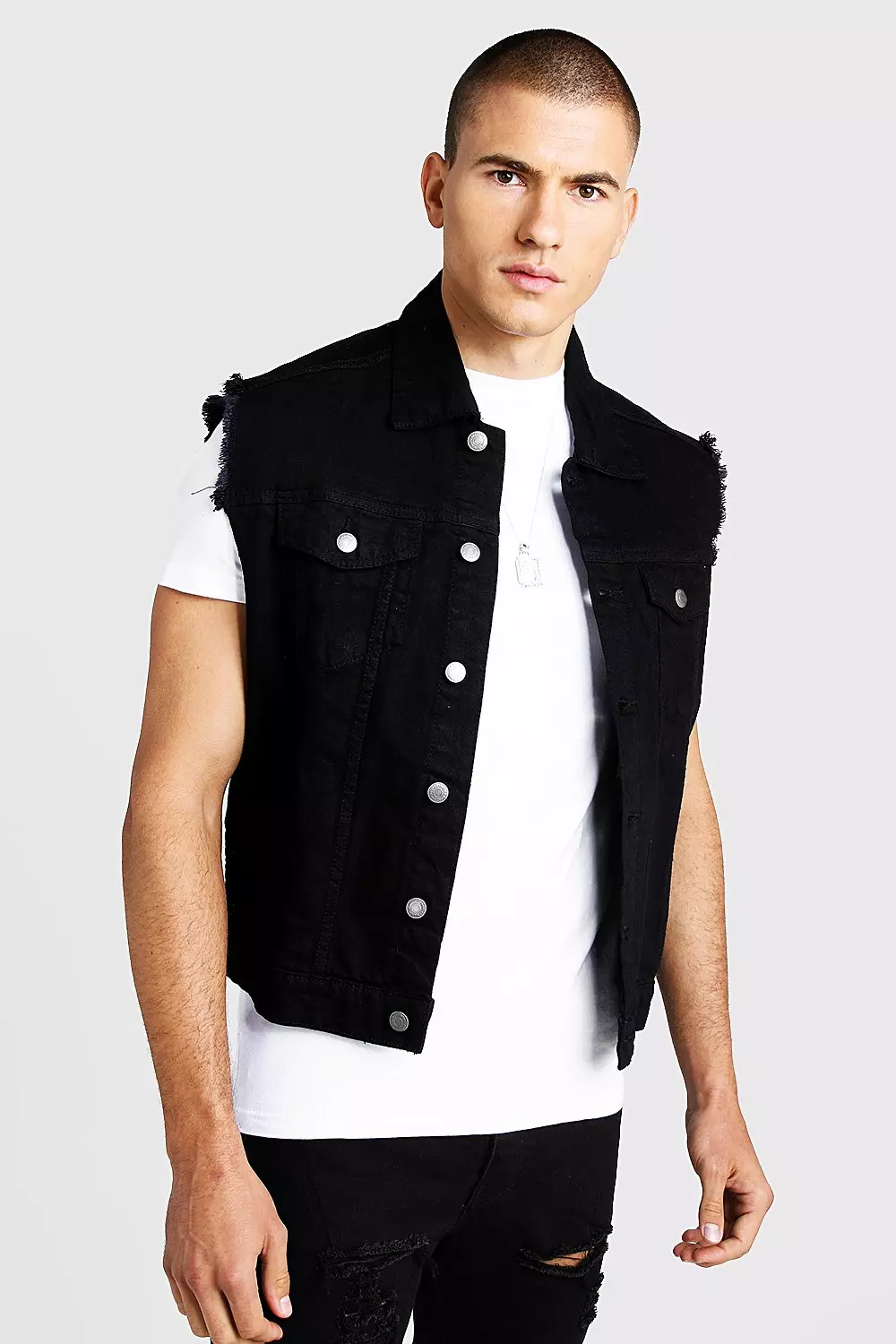 Black sleeveless hotsell denim jacket