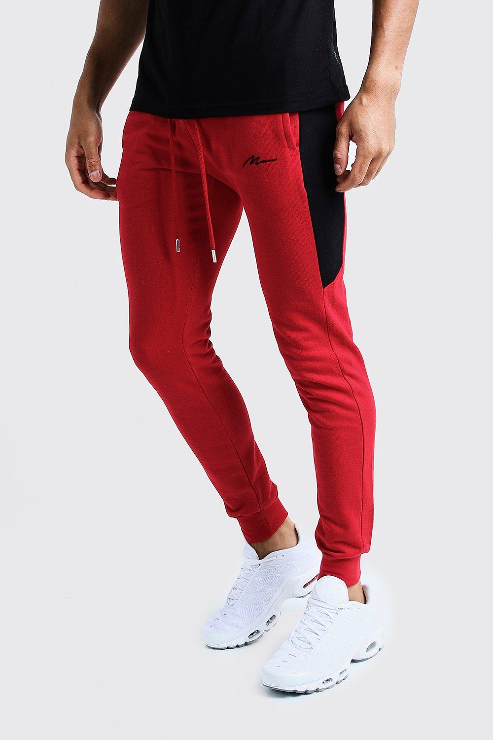boohooman red joggers