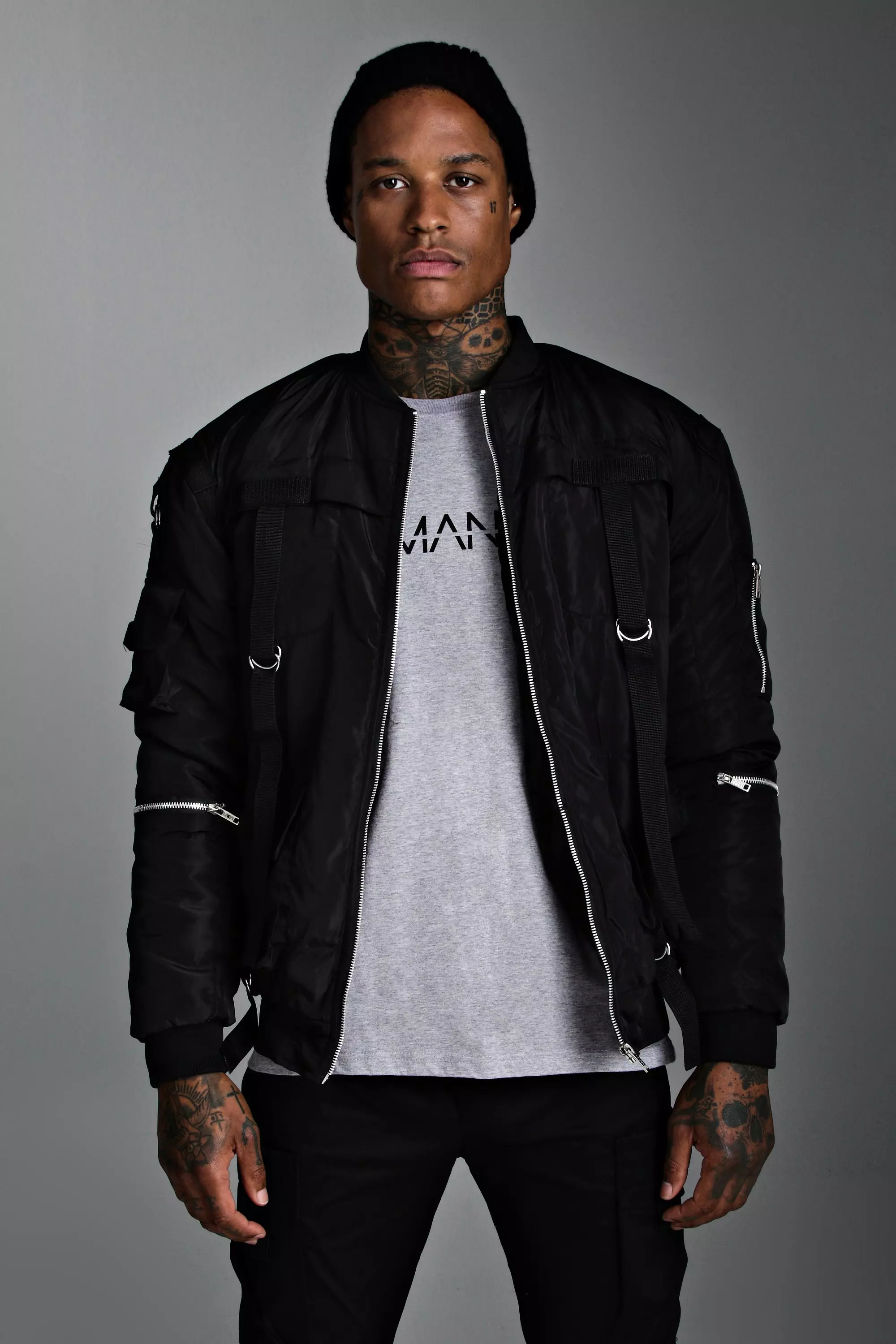 Padded Utility Bomber Jacket With Straps