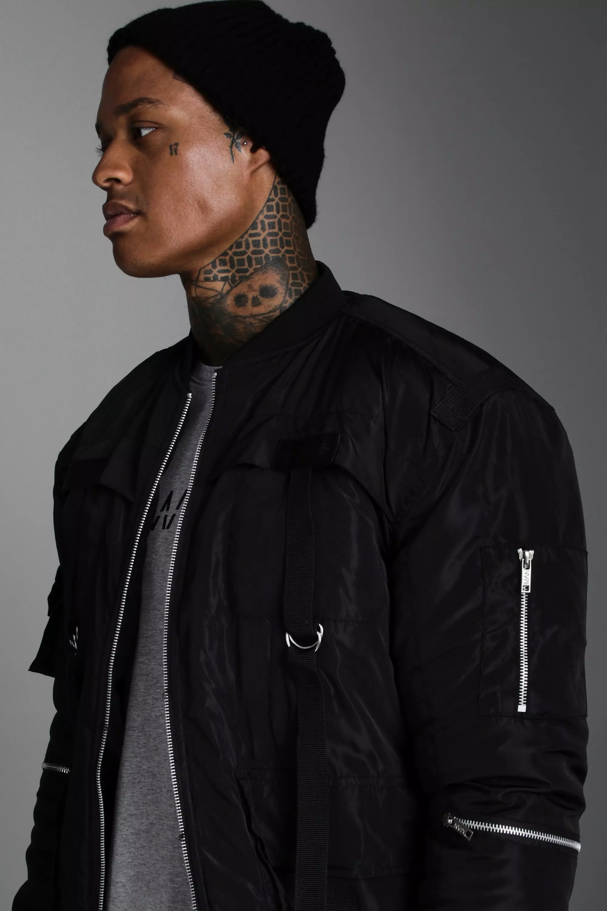 Padded Utility Bomber Jacket With Straps | boohooMAN USA