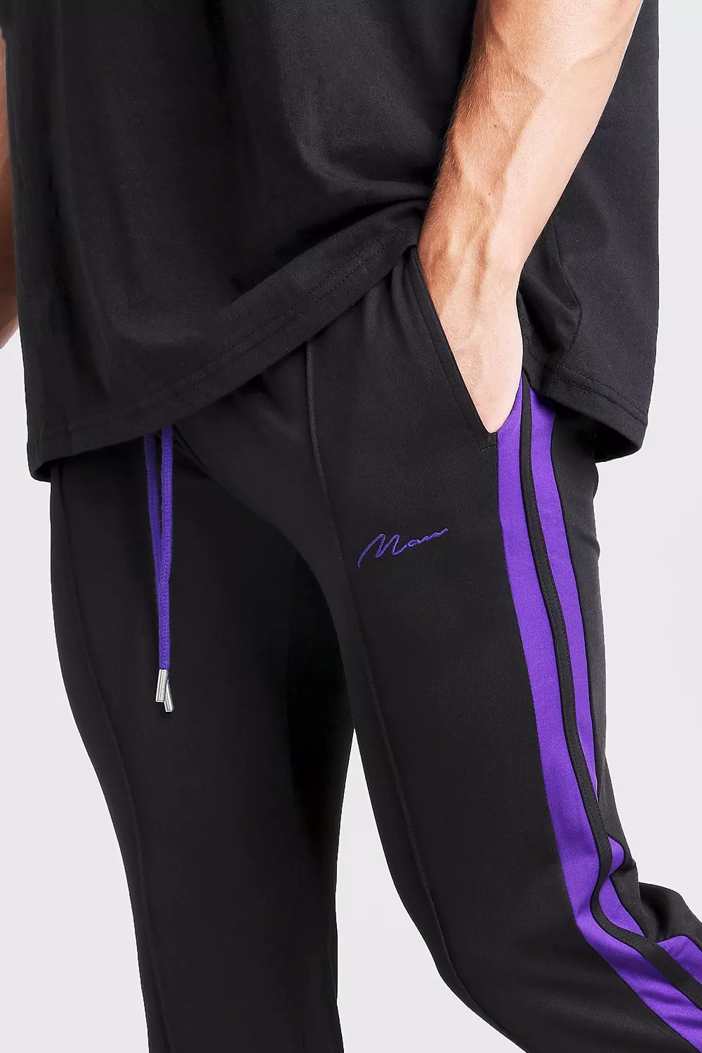 Slim Fit MAN Signature Joggers With Purple Stripes | boohooMAN USA