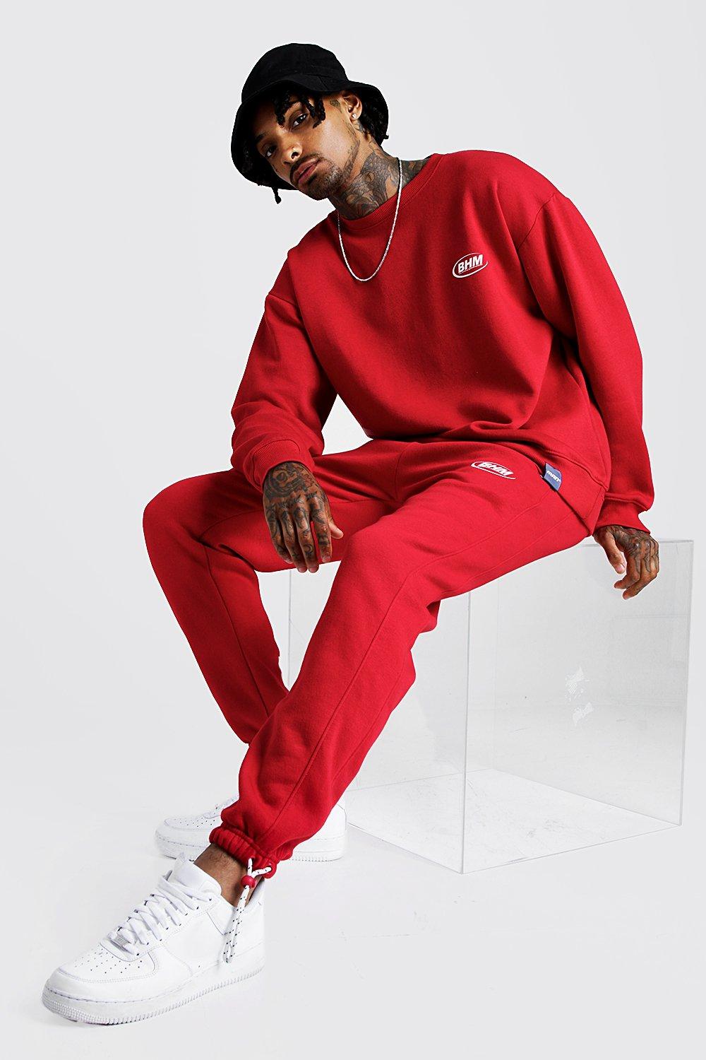 boohooman red joggers