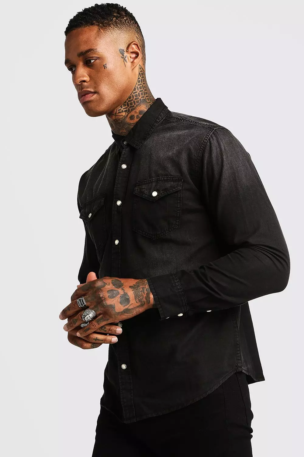 Washed black denim sales shirt