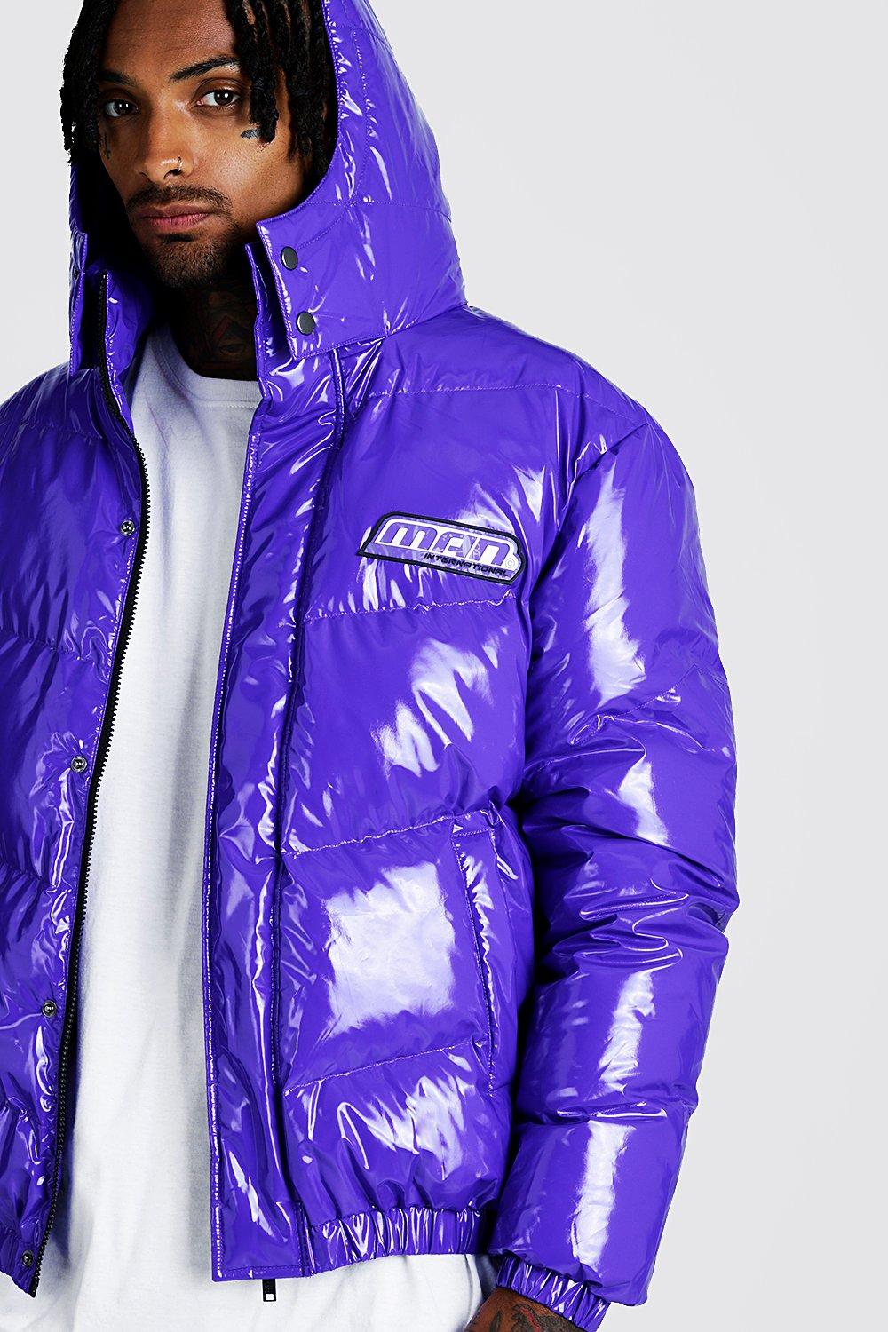 purple puffer jacket