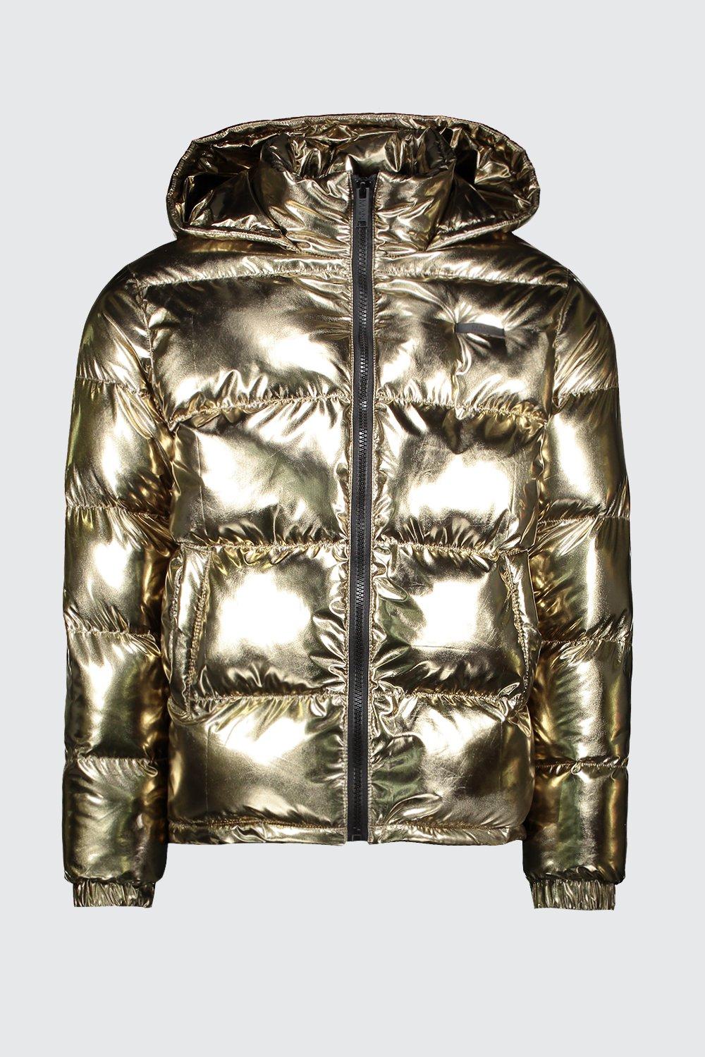 metallic hooded puffer jacket