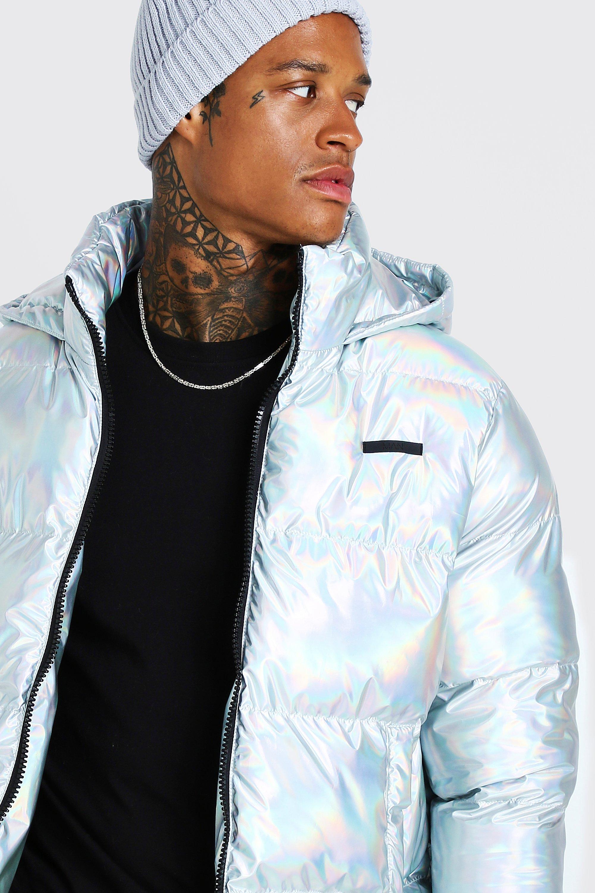 metallic puffer jacket with fur hood