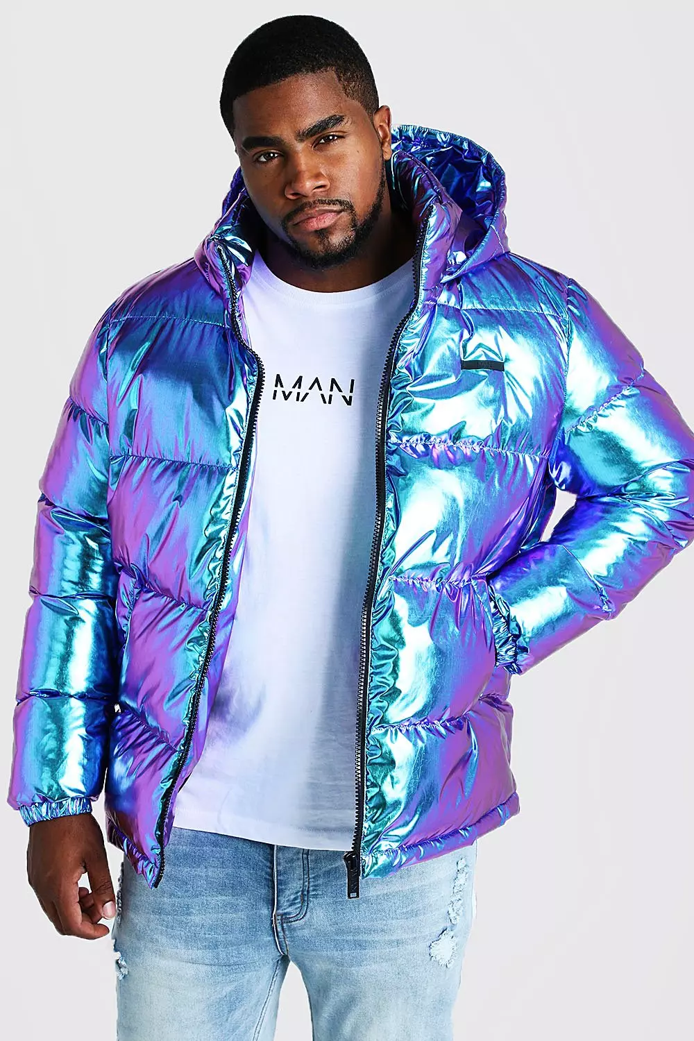 Metallic purple store puffer jacket