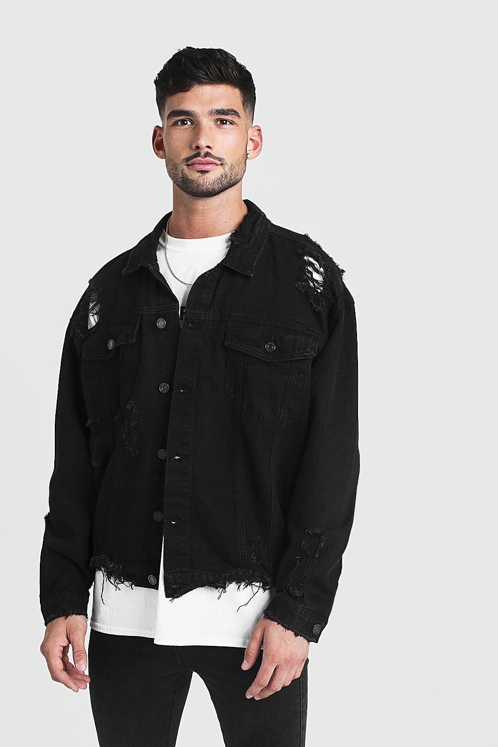 mens black distressed jean jacket
