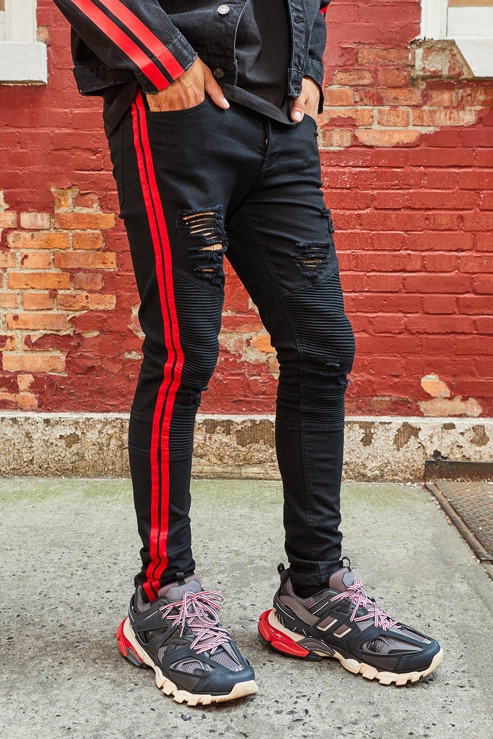 black and red biker jeans