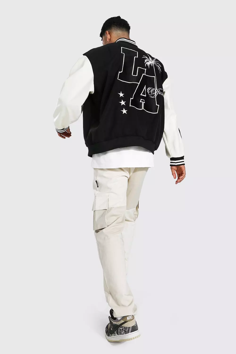 Black Back Print Oversize Varsity Jacket