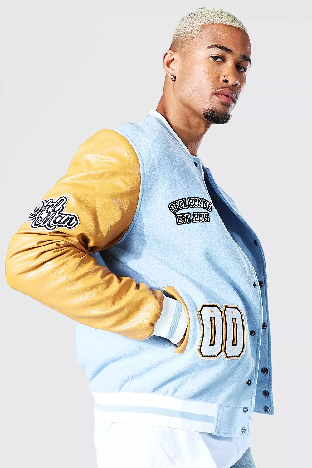 BoohooMan Baby Blue Varsity Jacket Outfit ideas 