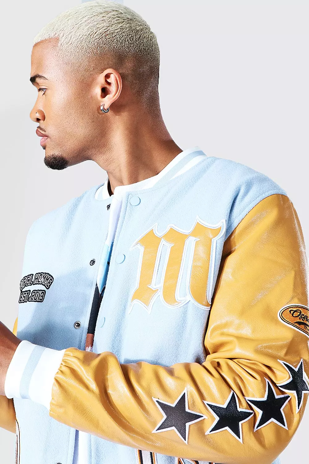 BoohooMan Baby Blue Varsity Jacket Outfit ideas 