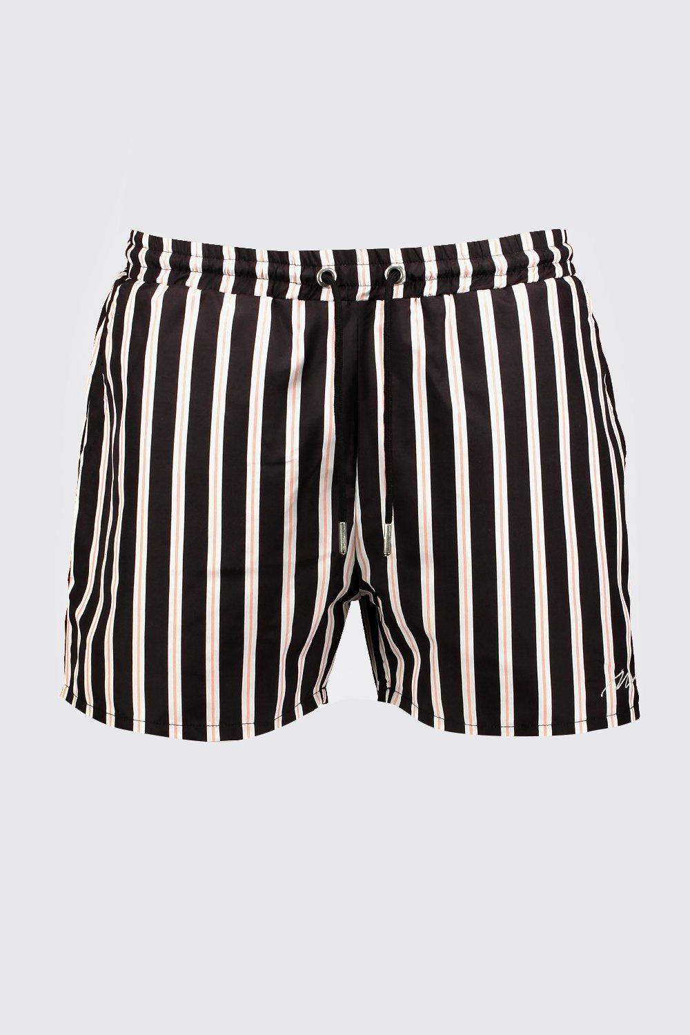 black and white striped swim trunks